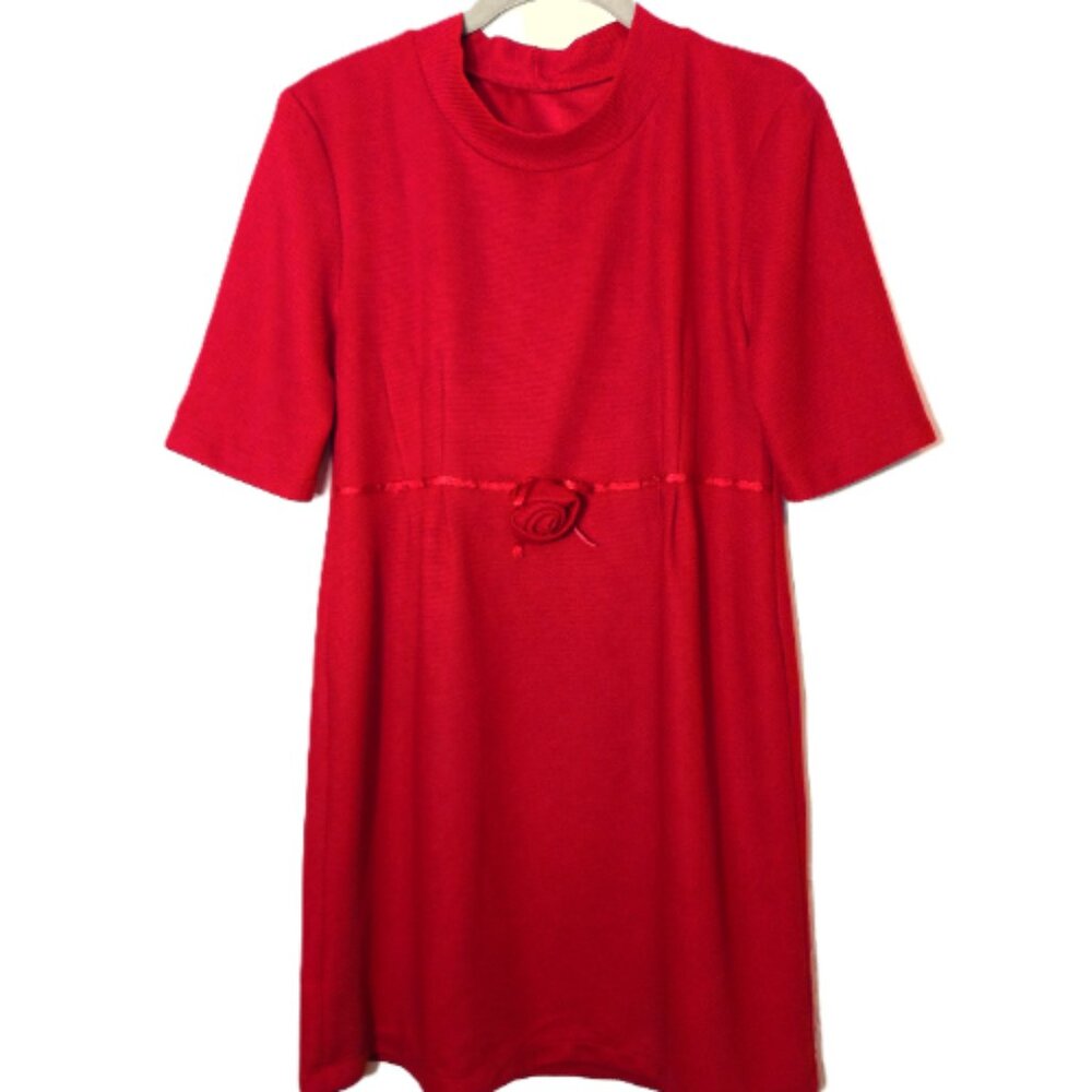 Vintage Red Knit Dress SMALL High Neck, Short Sleeve Mod Minimalist